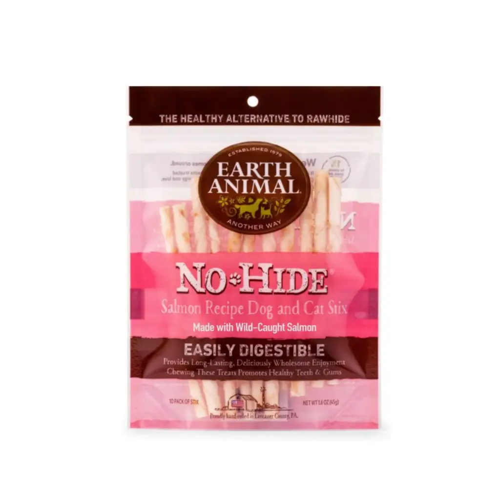 Earth Animal No-Hide Long Lasting Natural Rawhide Alternative Salmon Recipe Stix Chew Dog & Cat Treat Sticks, 10 count