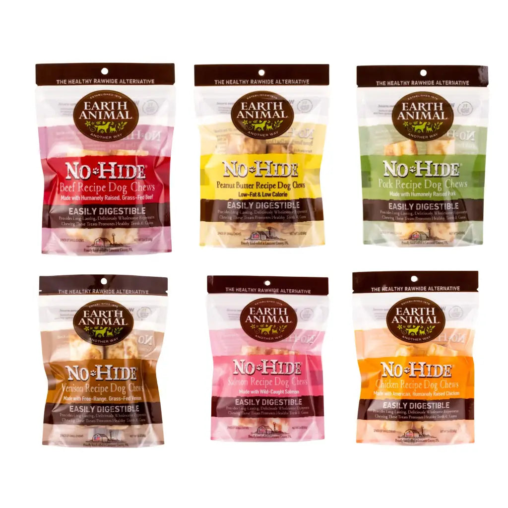Earth Animal No-Hide Long Lasting Natural Rawhide Alternative Small Chew Dog Treats, 2 count variety pack of 6