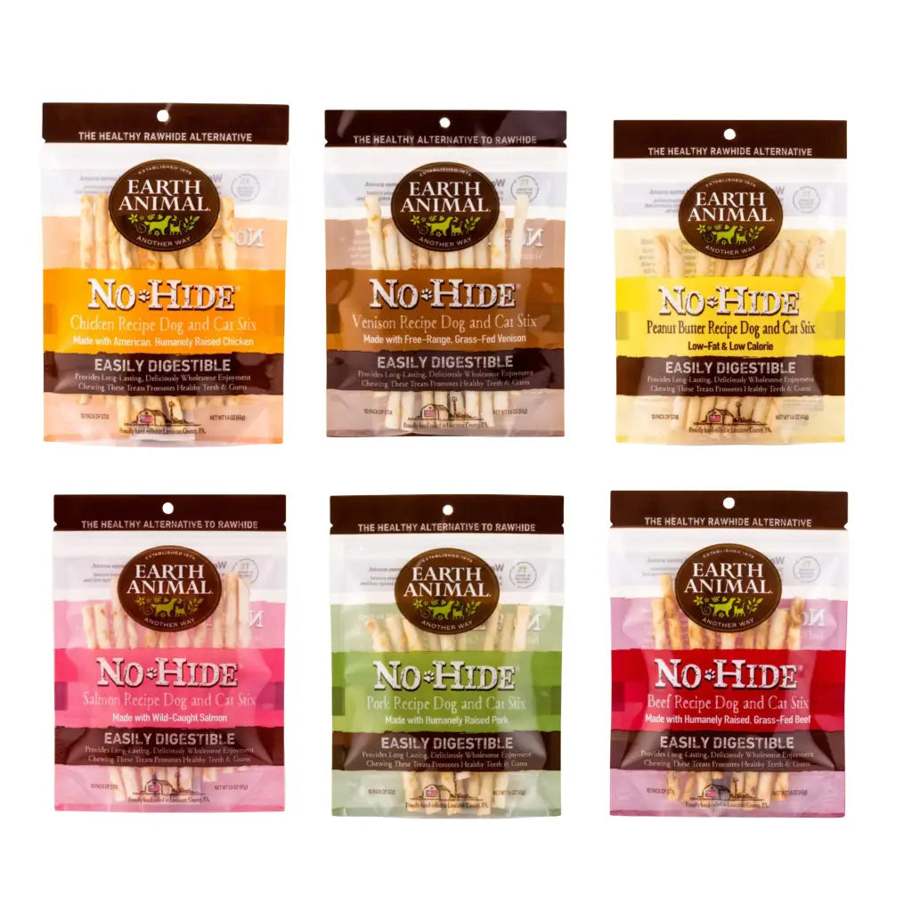 Earth Animal No-Hide Long Lasting Natural Rawhide Alternative stix chew Dog & cat Treat Sticks, variety 10 count pack of 6
