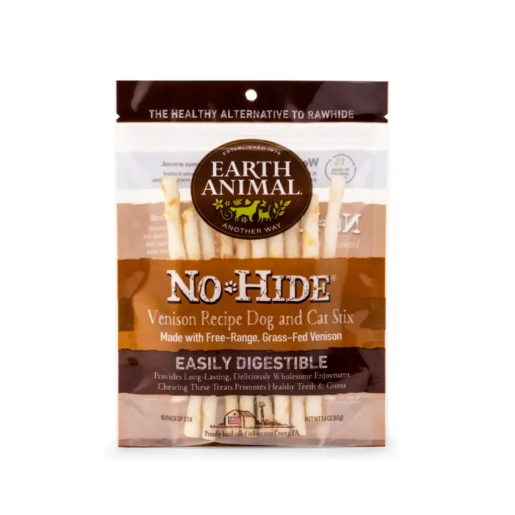 Earth Animal No-Hide Long Lasting Natural Rawhide Alternative Venison Recipe Stix Chew Dog & Cat Treat Sticks, 10 count