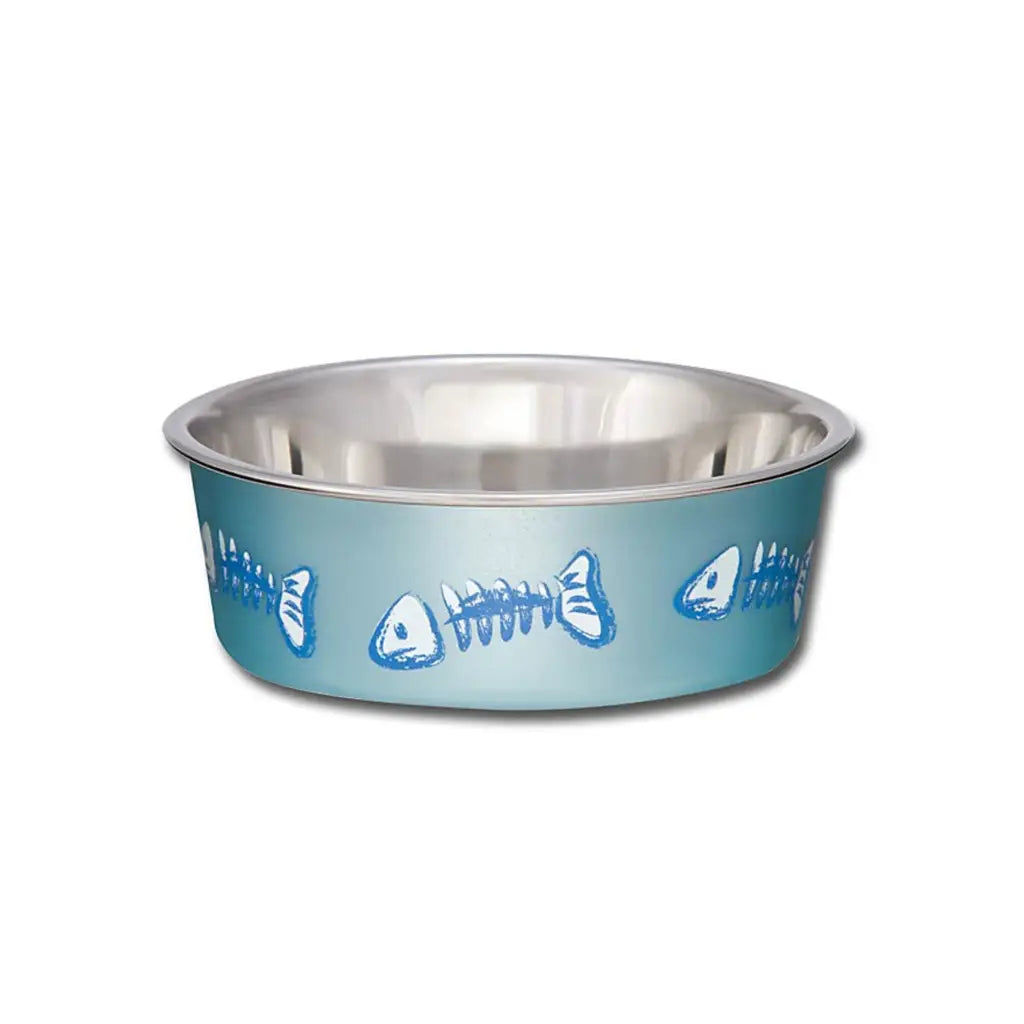 Loving Pets Bella Bowl Fish Skeleton Design - Metallic Ocean Blue. X-Small