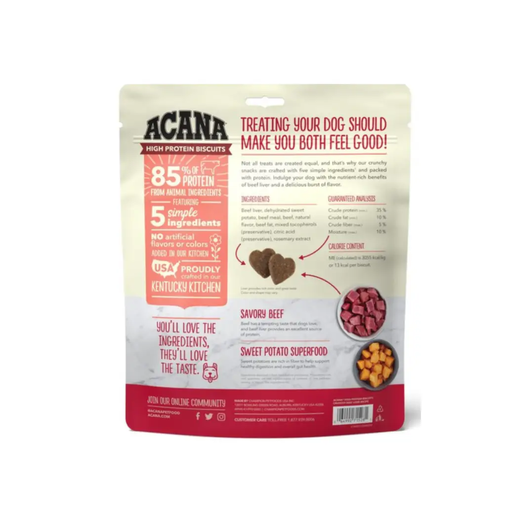 ACANA High-Protein Biscuits Grain-Free Beef Liver Recipe Small/Med Breed Dog Treats, 9-oz bag