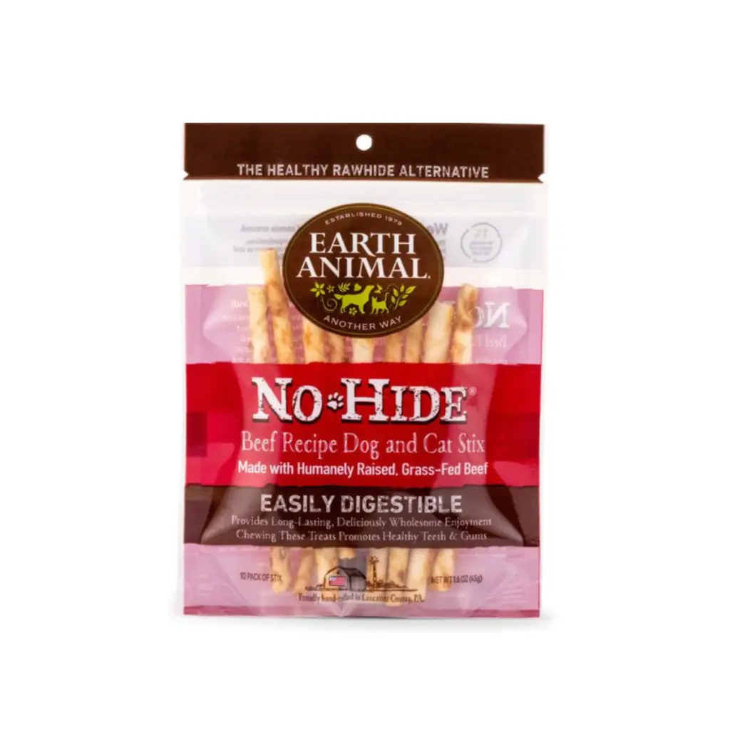 Earth Animal No-Hide Long Lasting Natural Rawhide Alternative Beef Recipe Stix Chew Dog & Cat Treat Sticks, 10 count