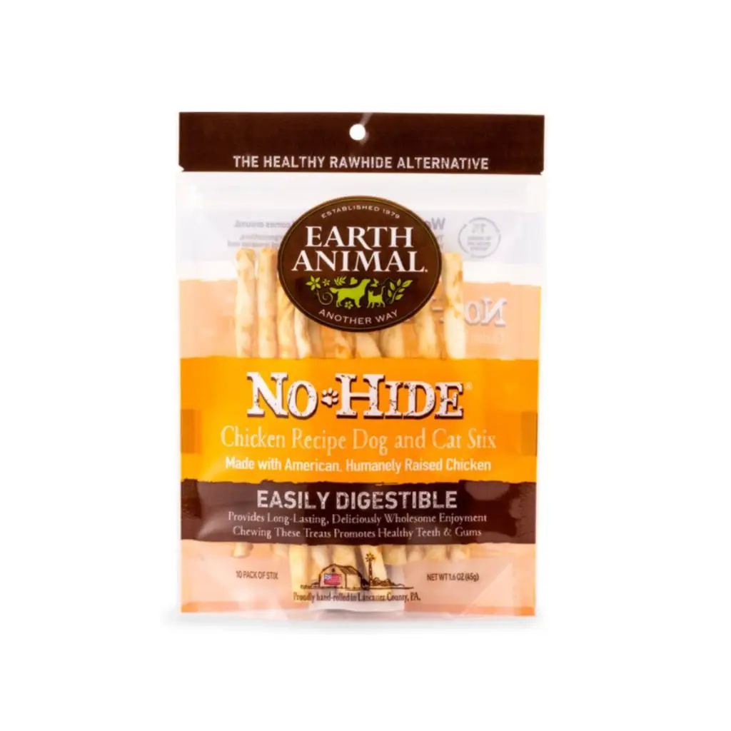Earth Animal No-Hide Long Lasting Natural Rawhide Alternative Chicken Recipe Stix Chew Dog & Cat Treat Sticks, 10 count