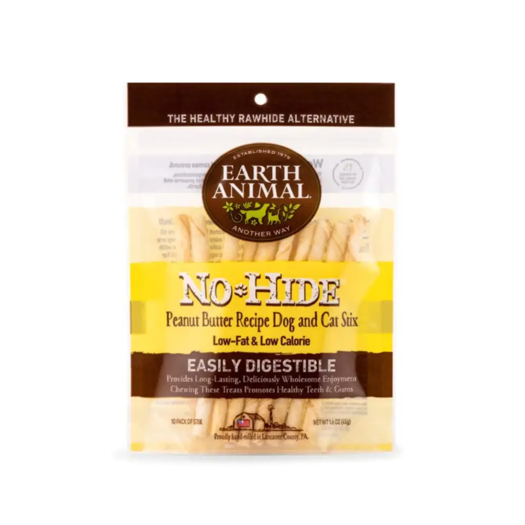 Earth Animal No-Hide Long Lasting Natural Rawhide Alternative Peanut Butter Recipe Stix Chew Dog & Cat Treat Sticks, 10 count