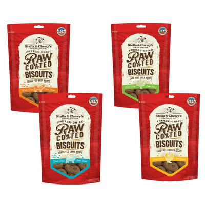Stella & Chewy's Raw Coated Biscuits Freeze-Dried Grain-Free Dog Treats, variety 4 pack 9-oz each bag