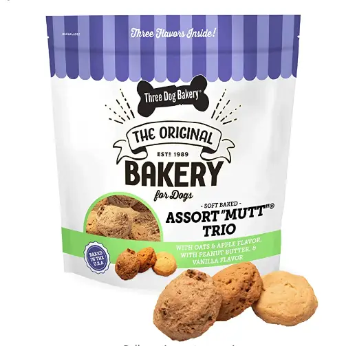 Three Dog Bakery Soft Baked Assort-Mutt Trio with Oats & Apple Flavor, Peanut Butter, & Vanilla Flavor Dog Treats, 32-oz bag
